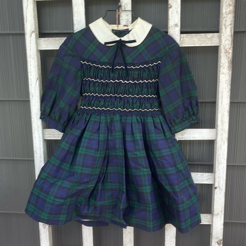 Vintage 1980s Polly Flinders Green/Blue Plaid Collared Children’s Dress
